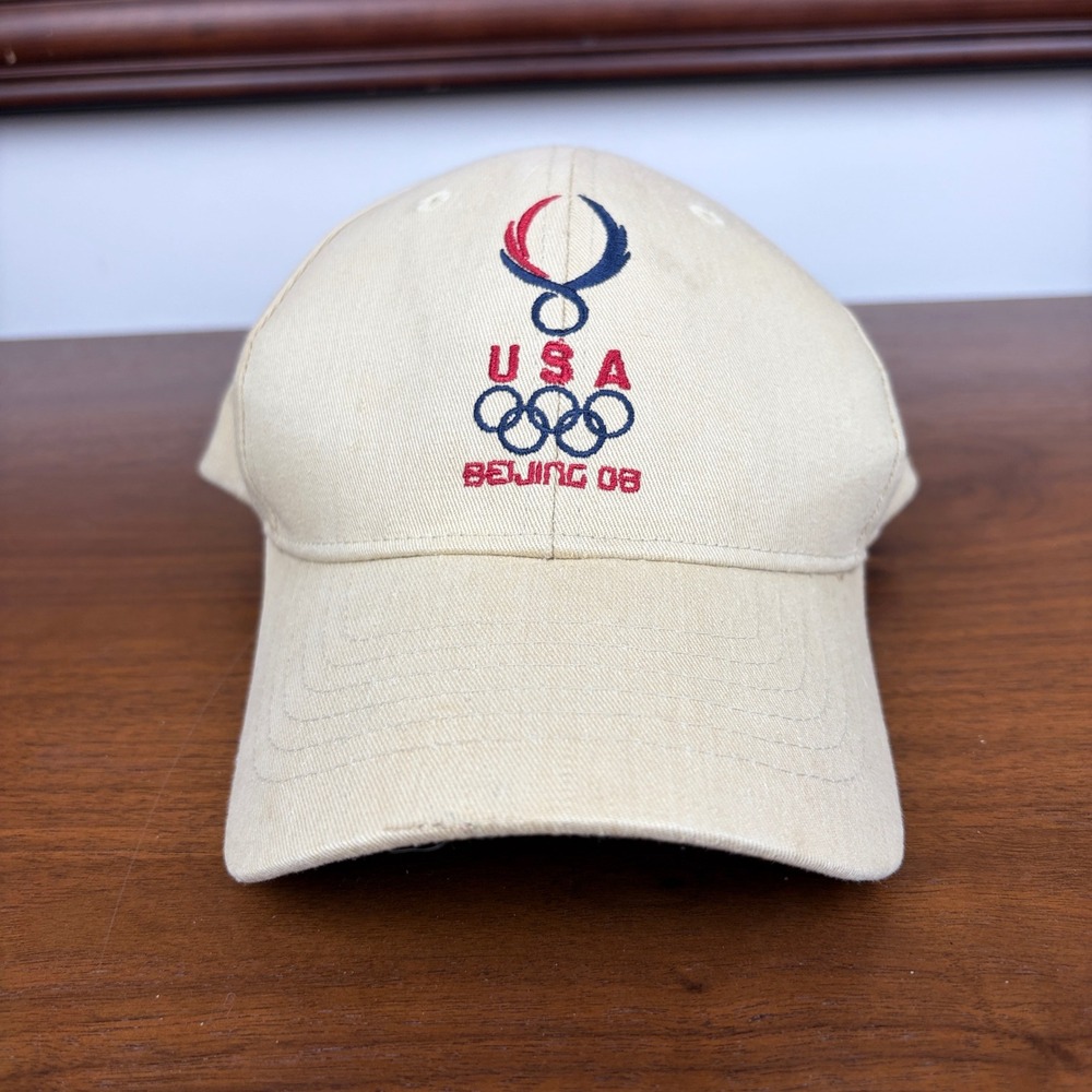 USA Olympics Hat Mens One Size Beijing 08 Summer Games Beige Embroidered Cap